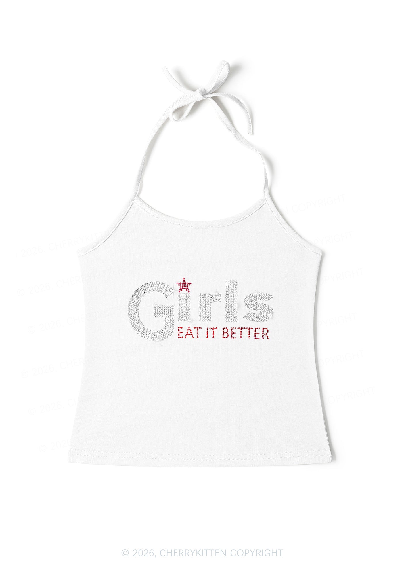 Rhinestone Girls Eat It Better Pride Y2K Halter Neck Cami Cherrykitten
