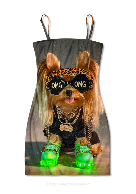OMG Doggy Y2K Print Slip Dress Cherrykitten