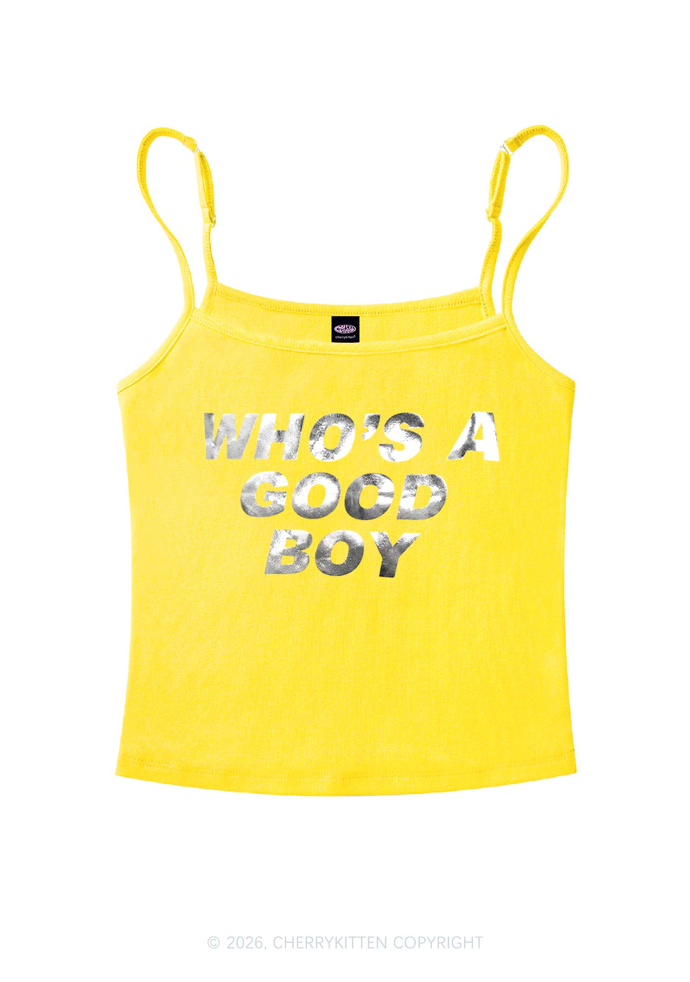 Whos A Good Boy Silver Foil Printed Y2K Spaghetti Strap Cami Cherrykitten