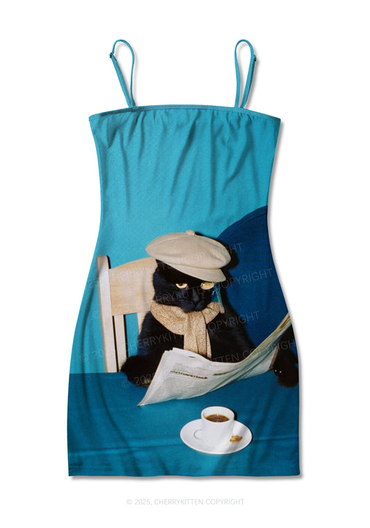 Cats Coffee Break Y2K Print Slip Dress Cherrykitten