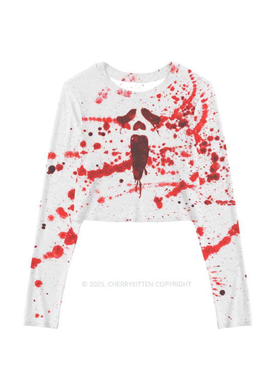 Halloween Bloody Ghost Y2K Mesh Long Sleeve Crop Top Cherrykitten