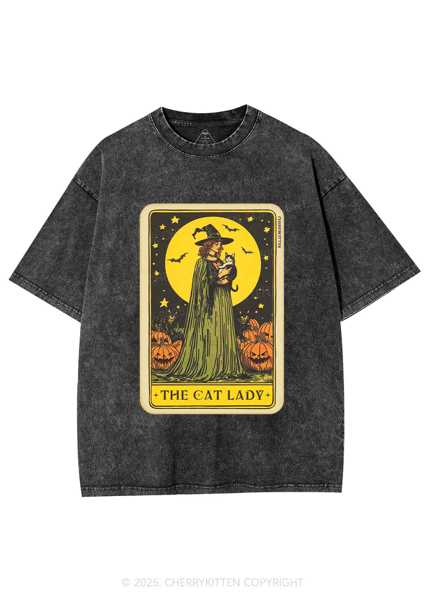 Halloween The Witch Cat Lady Y2K Shirts Washed Tee Cherrykitten