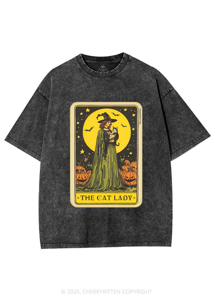 Halloween The Witch Cat Lady Y2K Shirts Washed Tee Cherrykitten