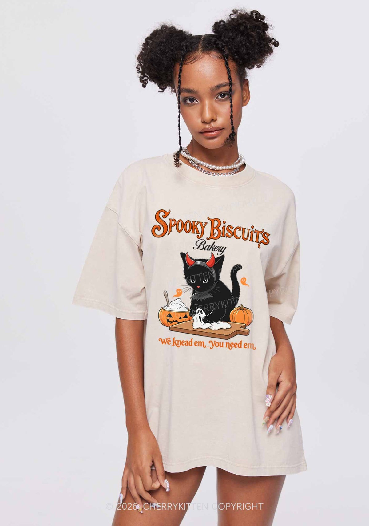 Halloween Black Cat Spooky Biscuits Y2K Shirts Washed Tee Cherrykitten
