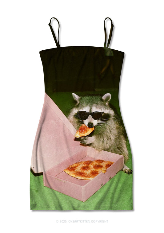 Shades Raccoon Pizza Y2K Print Slip Dress Cherrykitten