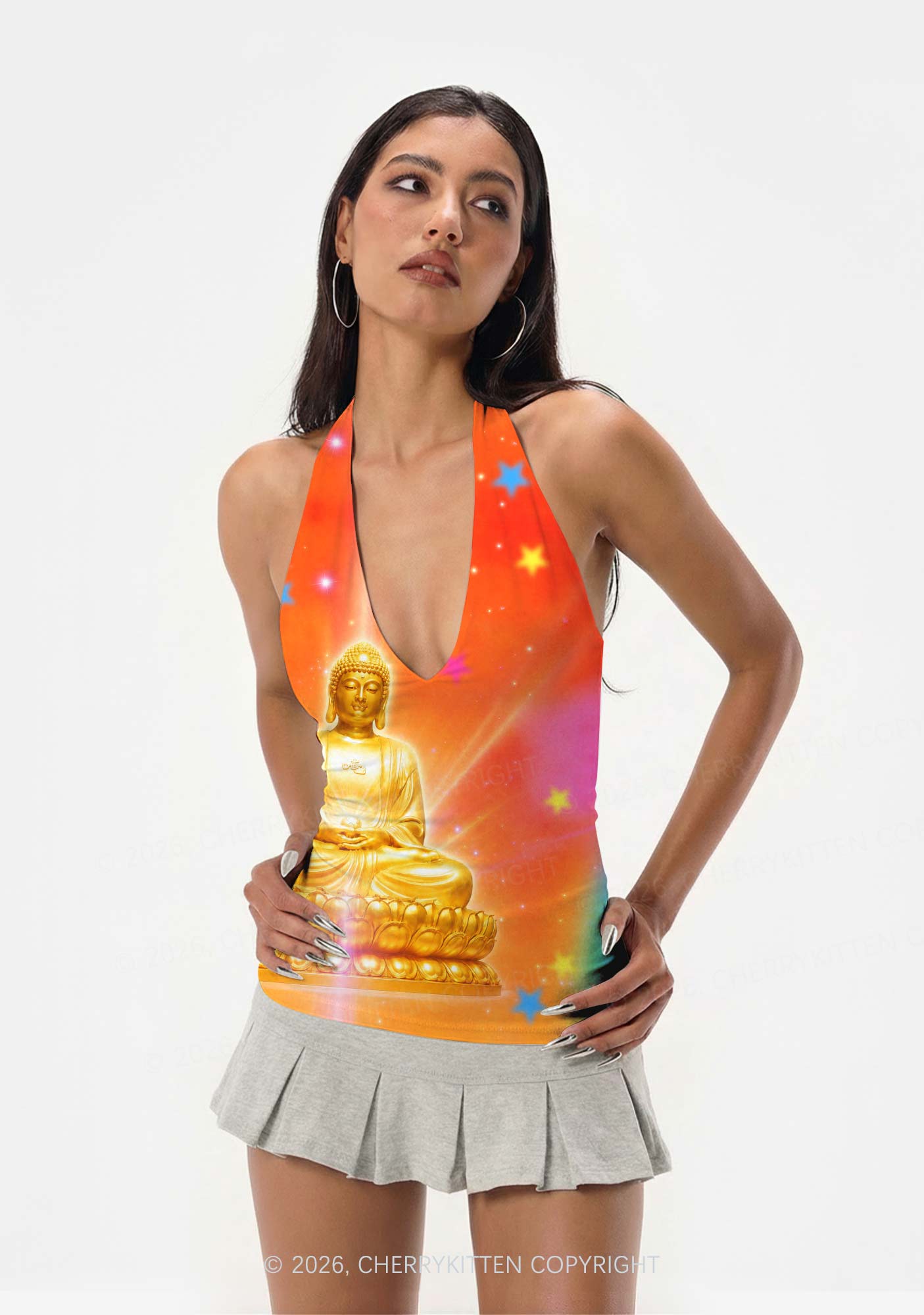 Golden Buddha Y2K Print Halter Deep V Neck Cami Cherrykitten