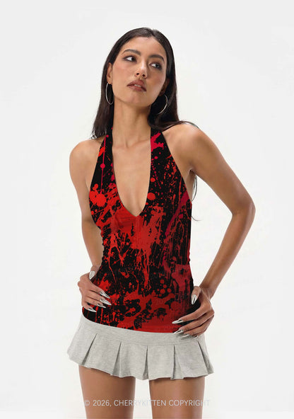 Halloween Red Blood On Black Y2K Print Halter Deep V Neck Cami Cherrykitten