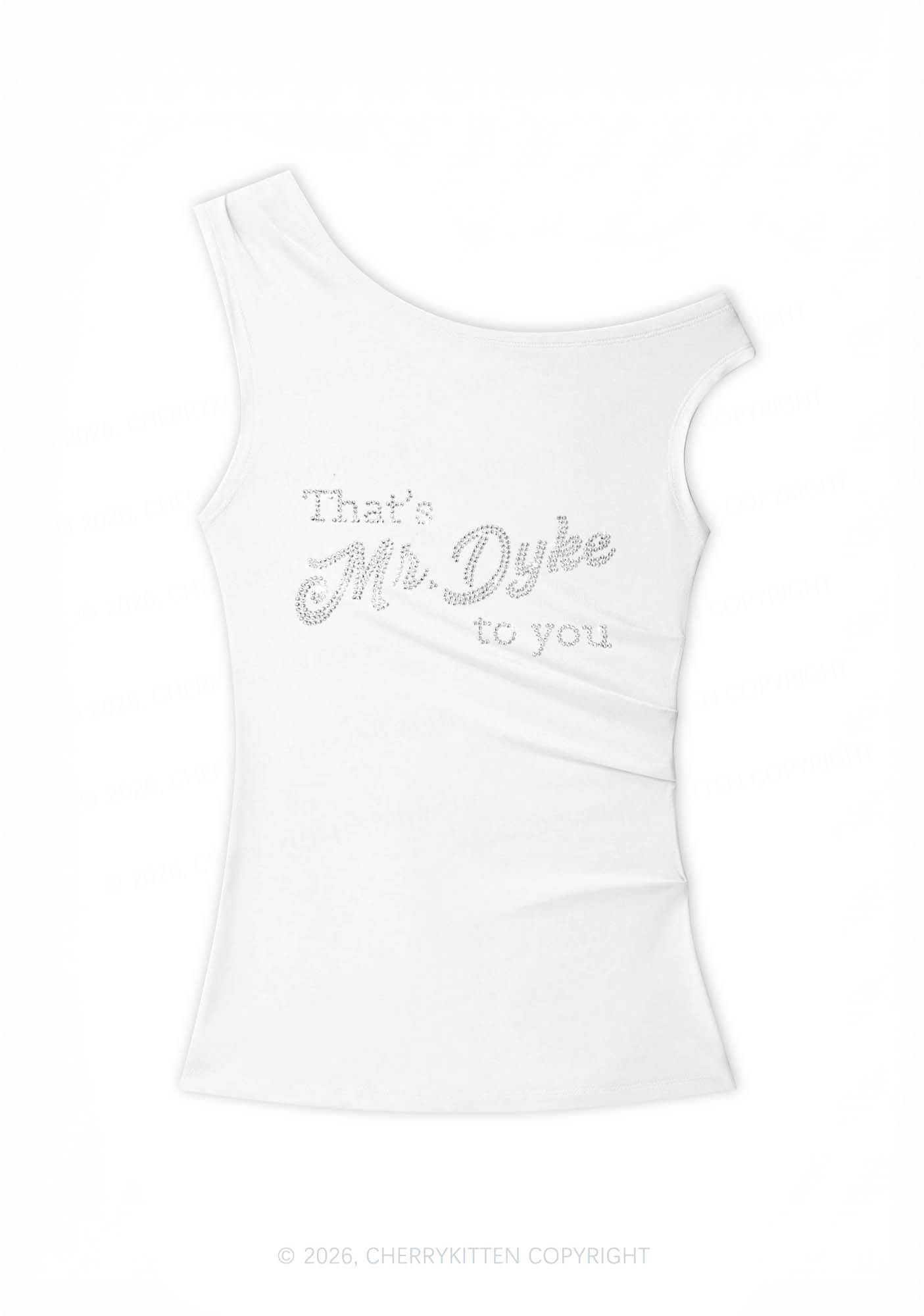 Rhinestone Thats Mr Dyke To You Pride Y2K Off Shoulder Tank Top Cherrykitten