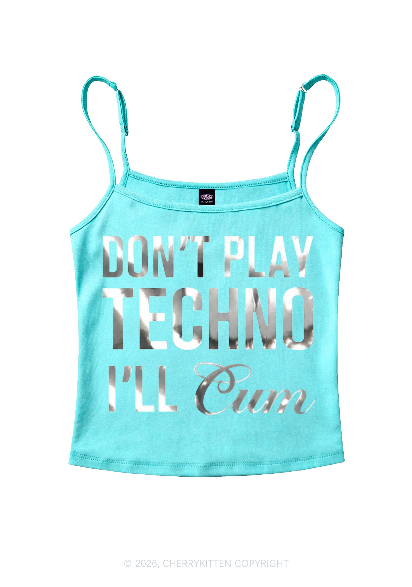 Dont Play Techno Silver Foil Printed Y2K Spaghetti Strap Cami Cherrykitten