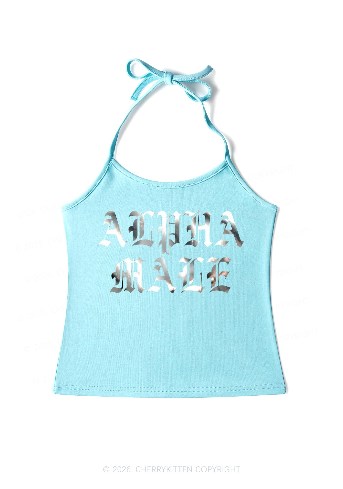 Alpha Male Silver Foil Printed Y2K Halter Neck Cami Cherrykitten
