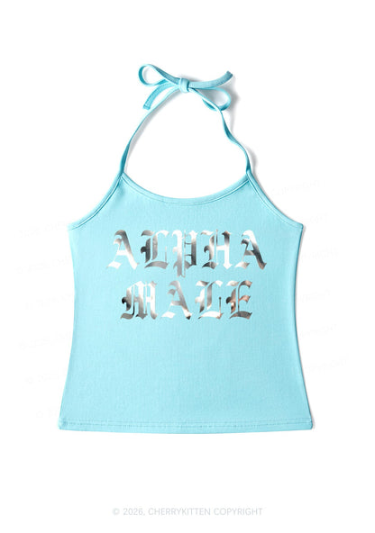 Alpha Male Silver Foil Printed Y2K Halter Neck Cami Cherrykitten