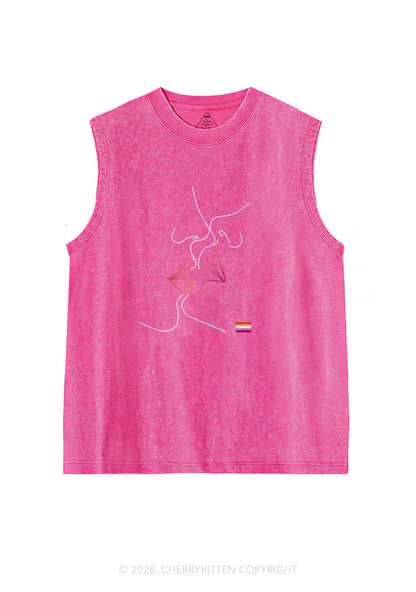 Lesbian Kiss Pride Y2K Washed Muscle Tank Cherrykitten