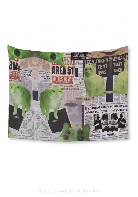Green Alien Kitten Flag Y2K Tapestry Cherrykitten