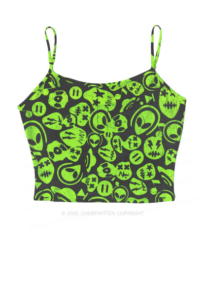 Green Alien Doodle Y2K Mesh Cami Tank Cherrykitten