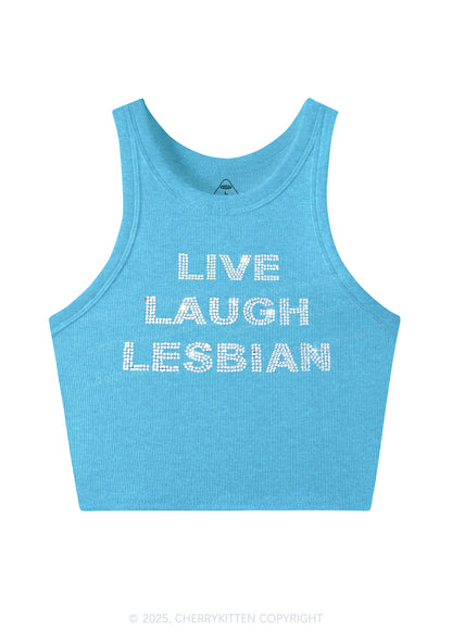 Rhinestone Live Laugh Lesbian Pride Y2K Crop Tank Top Cherrykitten