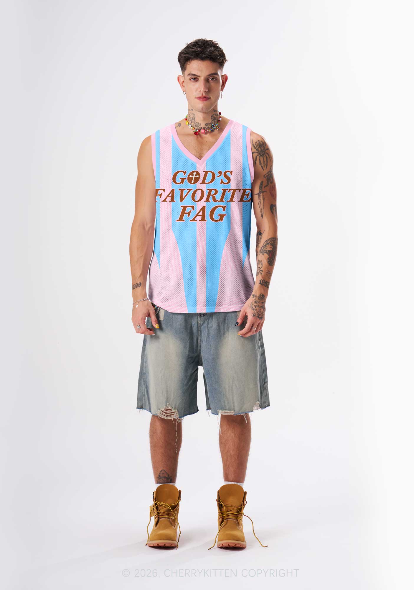 Light Pink Gods Favorite Fag Pride Y2K Sport Jersey Tank Cherrykitten