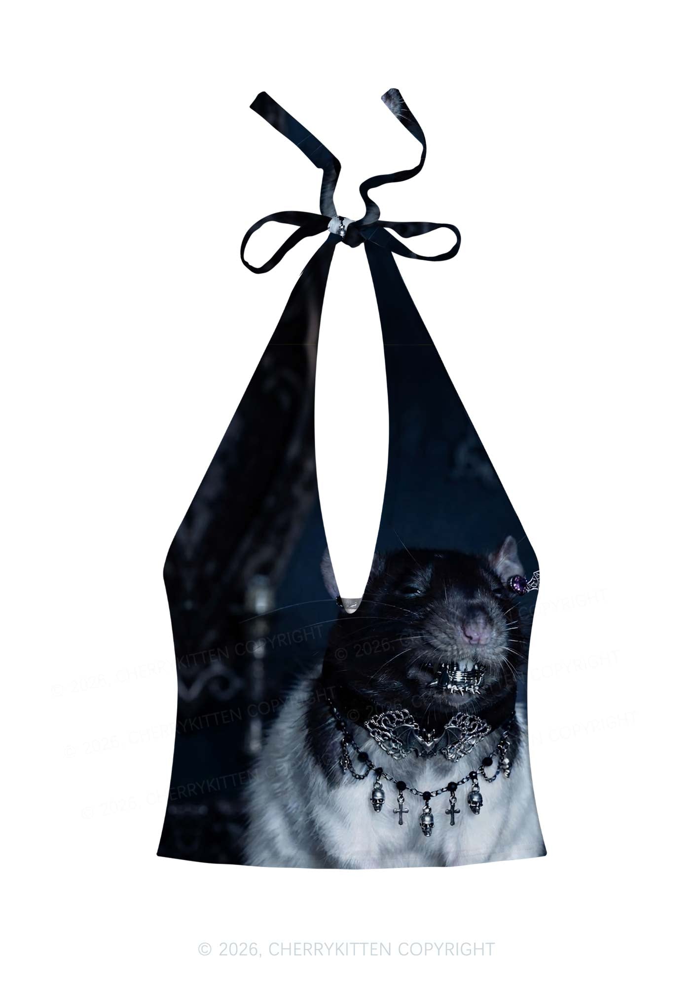 Gothic Jewelry Rat Y2K Print Halter Deep V Neck Cami Cherrykitten
