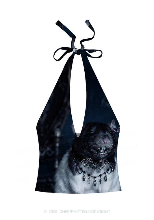 Gothic Jewelry Rat Y2K Print Halter Deep V Neck Cami Cherrykitten