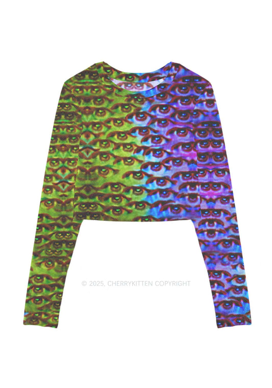 Halloween Spectrum Eyes Y2K Mesh Long Sleeve Crop Top Cherrykitten