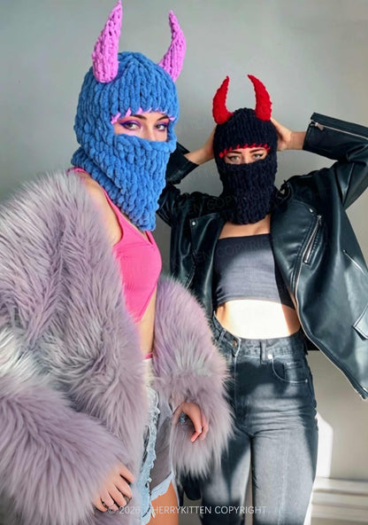 Halloween Color Block Devil Horn Y2K Knitted Balaclava Cherrykitten