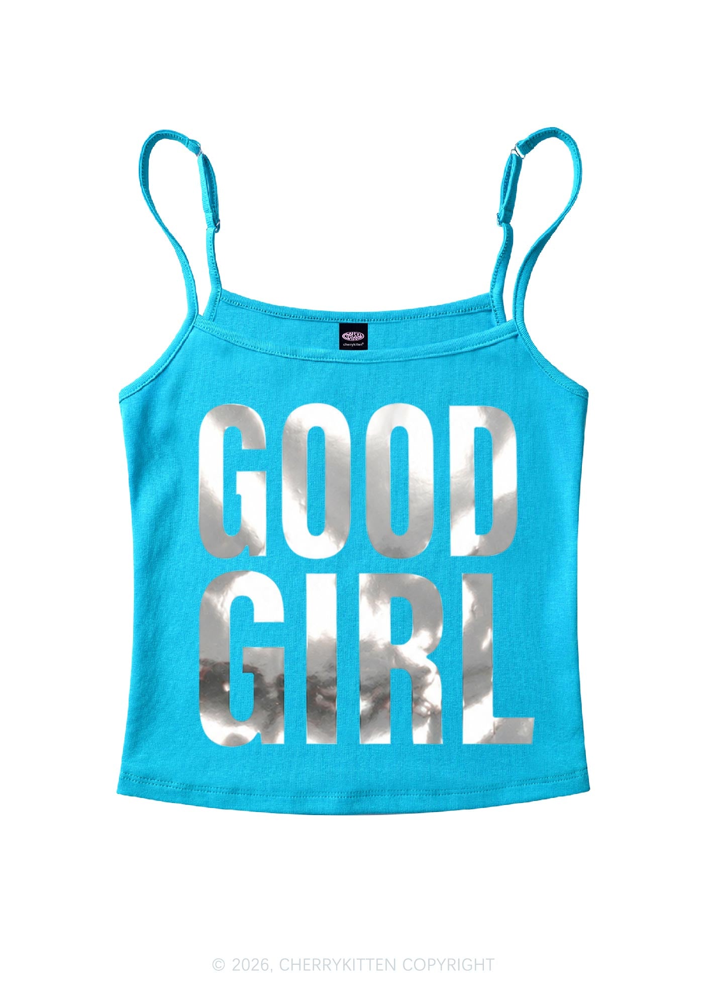 Good Girl Silver Foil Printed Y2K Spaghetti Strap Cami Cherrykitten