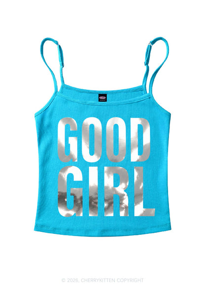Good Girl Silver Foil Printed Y2K Spaghetti Strap Cami Cherrykitten