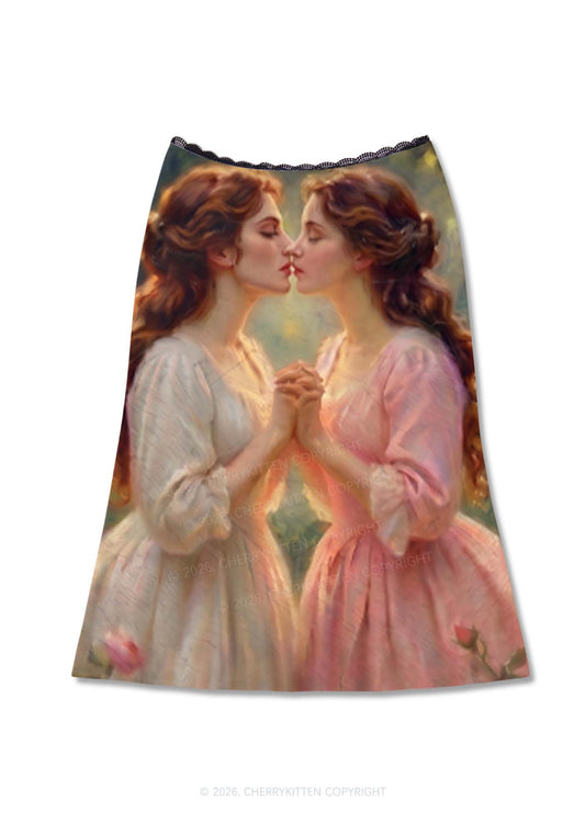 Girls Holding Hands Kissing Pride Y2K Print Midi Skirt Cherrykitten