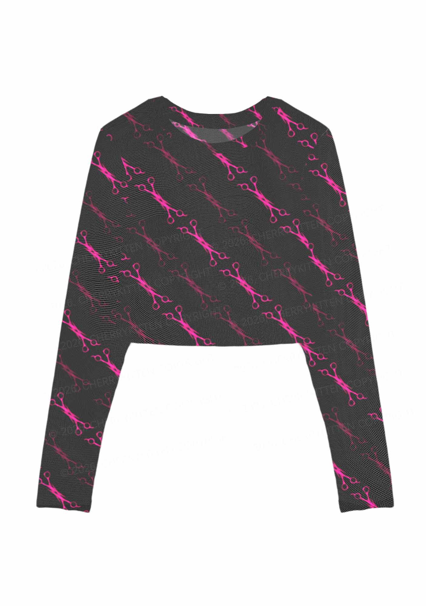 Pink Scissors Pride Y2K Mesh Long Sleeve Crop Top Cherrykitten