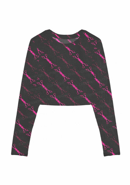 Pink Scissors Pride Y2K Mesh Long Sleeve Crop Top Cherrykitten