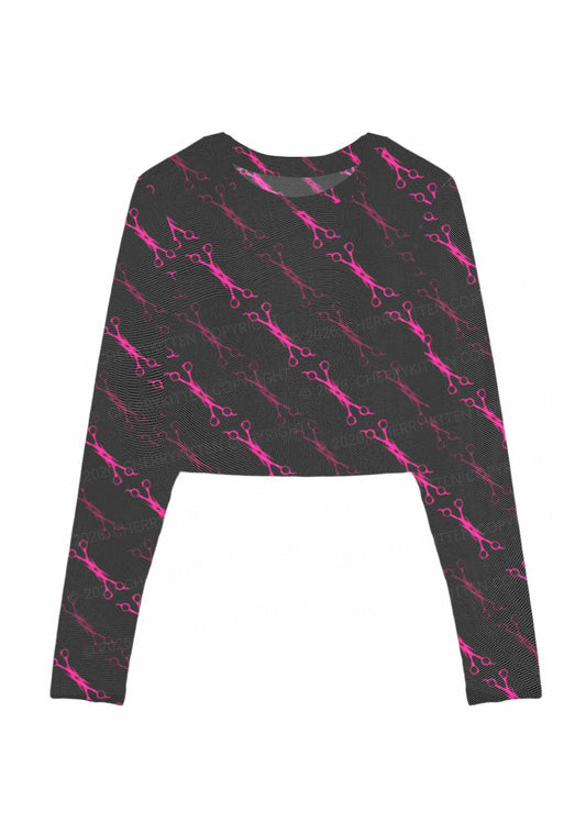Pink Scissors Pride Y2K Mesh Long Sleeve Crop Top Cherrykitten