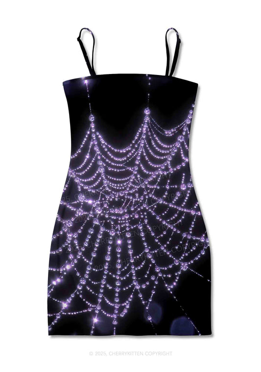 Glistening Spiderweb Y2K Print Slip Dress Cherrykitten