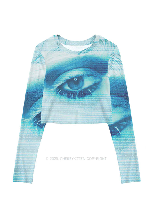 Halloween Tech Blue Eye Y2K Mesh Long Sleeve Crop Top Cherrykitten