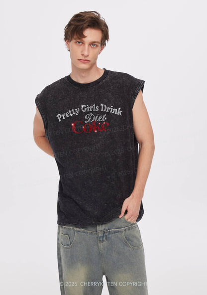 Rhinestone Pretty Girls Drink Diet Coke Y2K Washed Muscle Tank Cherrykitten