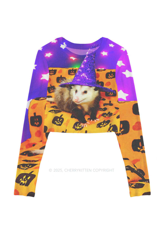 Halloween Sparkle Witch Ratz Y2K Mesh Long Sleeve Crop Top Cherrykitten