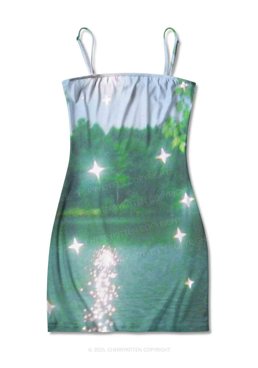 Forest Lake Y2K Print Slip Dress Cherrykitten
