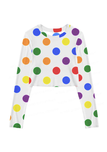 Rainbow Dots On White Pride Y2K Mesh Long Sleeve Crop Top Cherrykitten