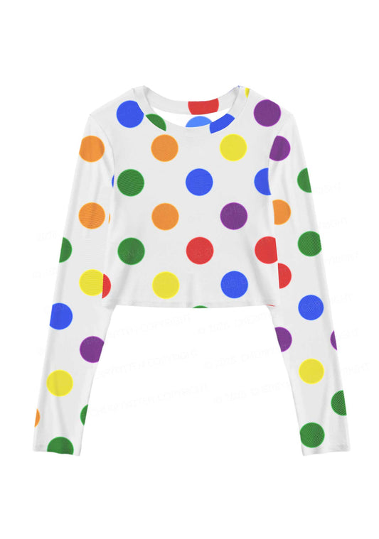 Rainbow Dots On White Pride Y2K Mesh Long Sleeve Crop Top Cherrykitten