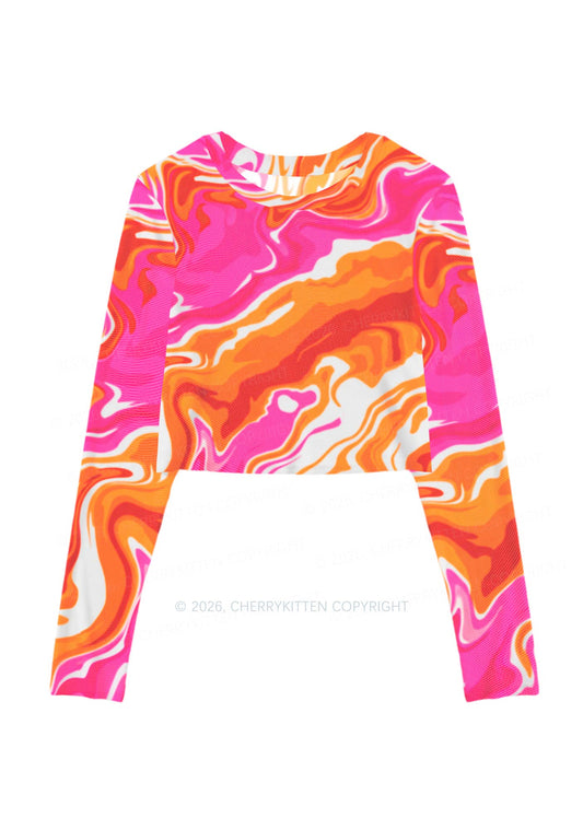 Lesbian Liquid Tie Dye Pride Y2K Mesh Long Sleeve Crop Top Cherrykitten