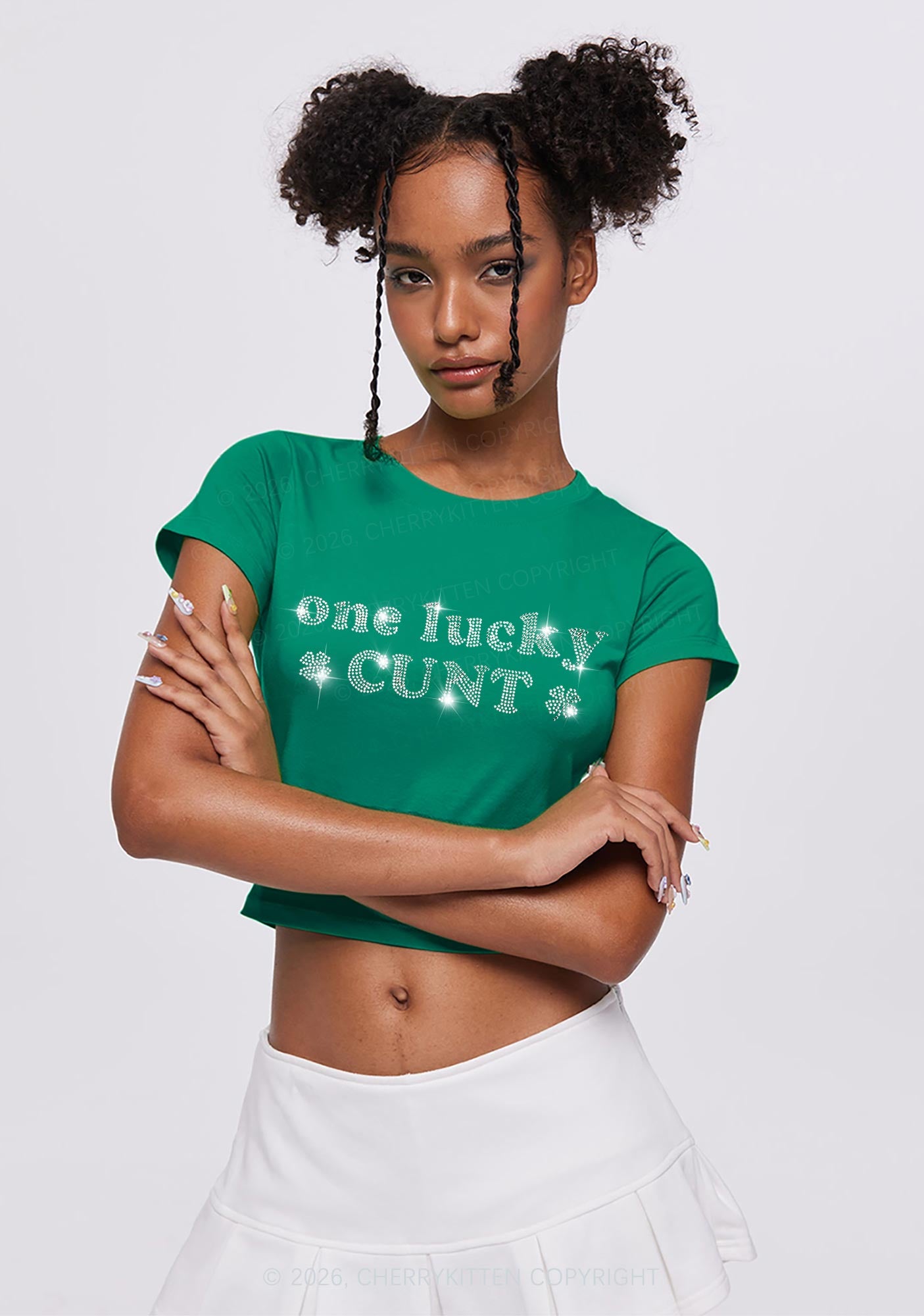 Rhinestone One Lucky Cxxt St Patricks Y2K Baby Tee Cherrykitten