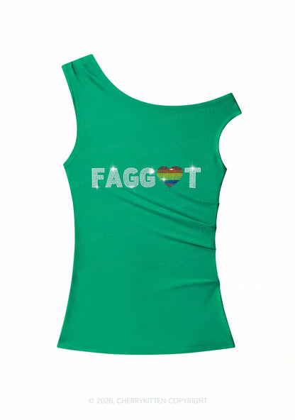Rhinestone Rainbow Heart Faggot Pride Y2K Off Shoulder Tank Top Cherrykitten