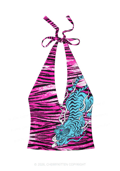 Blue Tiger Pink Zebra Stripe Y2K Print Halter Deep V Neck Cami Cherrykitten