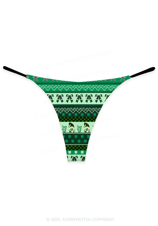Green Gnome Shamrock Bows St Patricks Y2K Print Bikini String Thong Cherrykitten