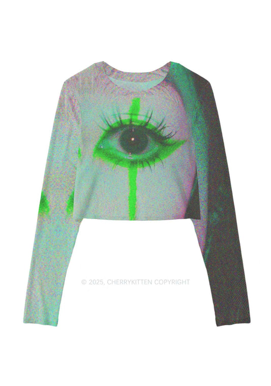 Halloween Cry Eye Y2K Mesh Long Sleeve Crop Top Cherrykitten