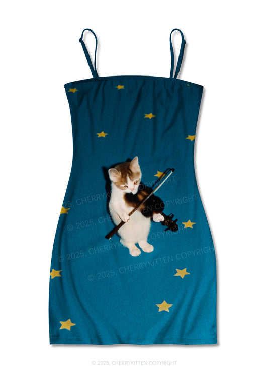 Kitten Violinist Y2K Print Slip Dress Cherrykitten