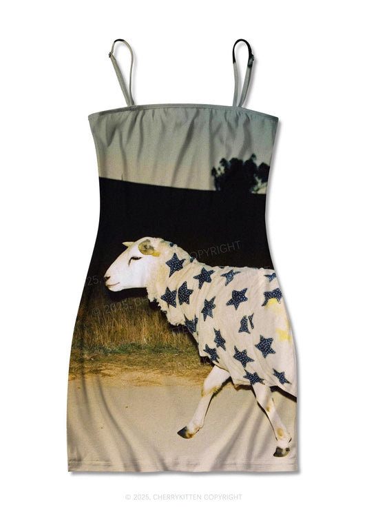 Sheep In Star Cloak Y2K Print Slip Dress Cherrykitten