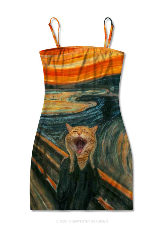 Screaming Cat Y2K Print Slip Dress Cherrykitten
