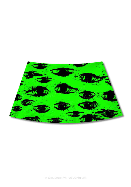 Eyes On Bright Green Y2K Print Mini Skirt Cherrykitten