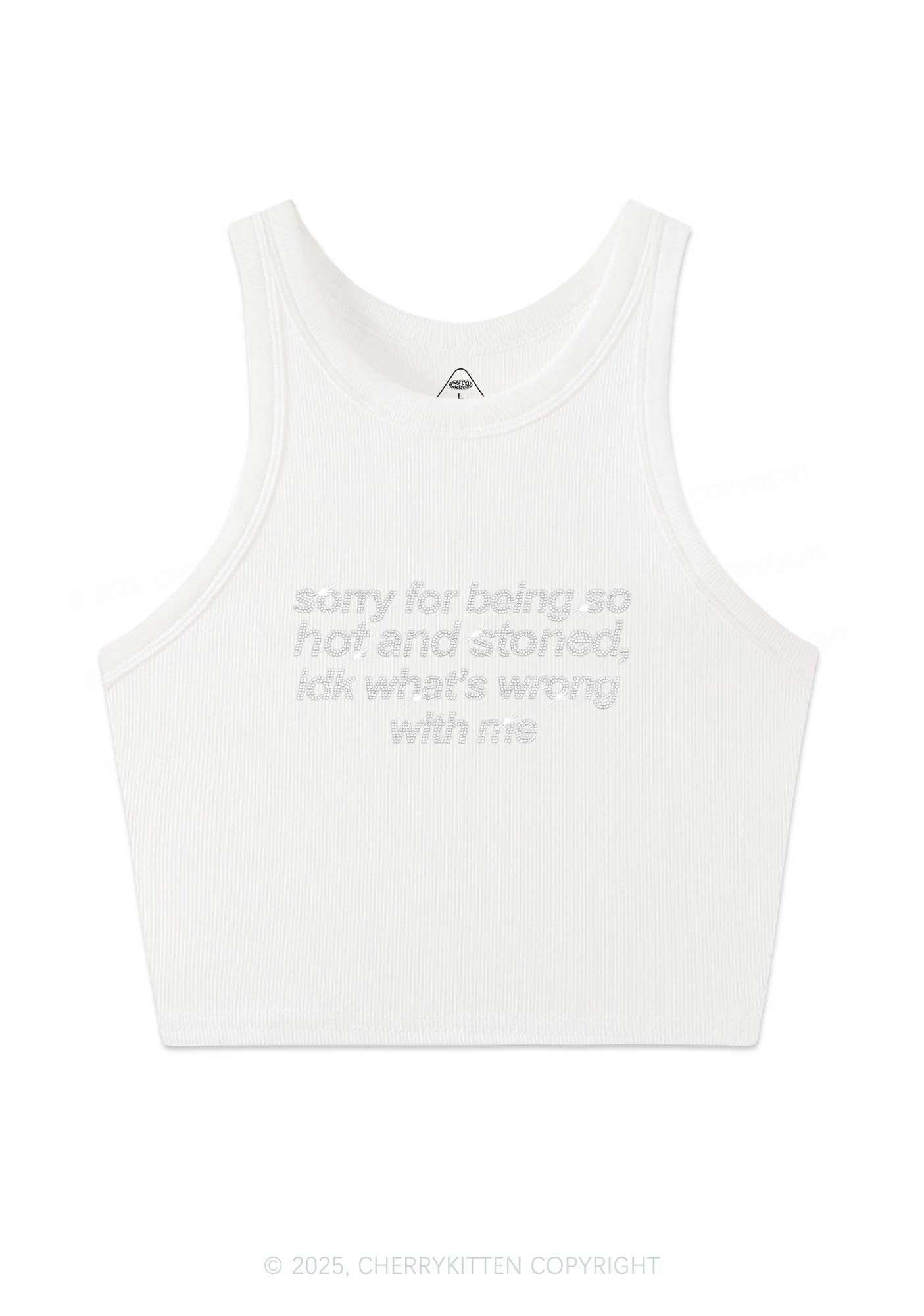 Rhinestone Sorry For Being Hot And Stoned Y2K Crop Tank Top Cherrykitten
