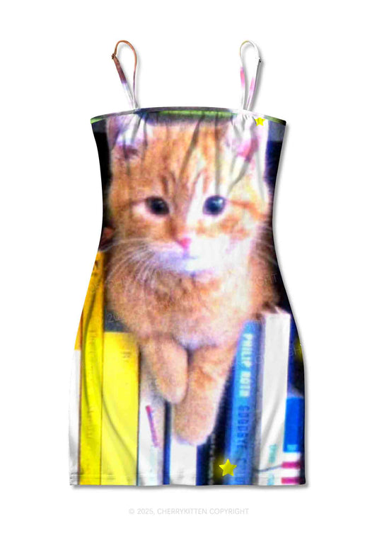 Feline Bookworm Y2K Print Slip Dress Cherrykitten