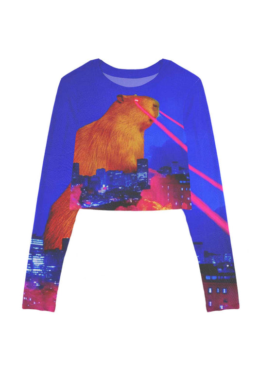 Laser Monster Capybara Y2K Mesh Long Sleeve Crop Top Cherrykitten